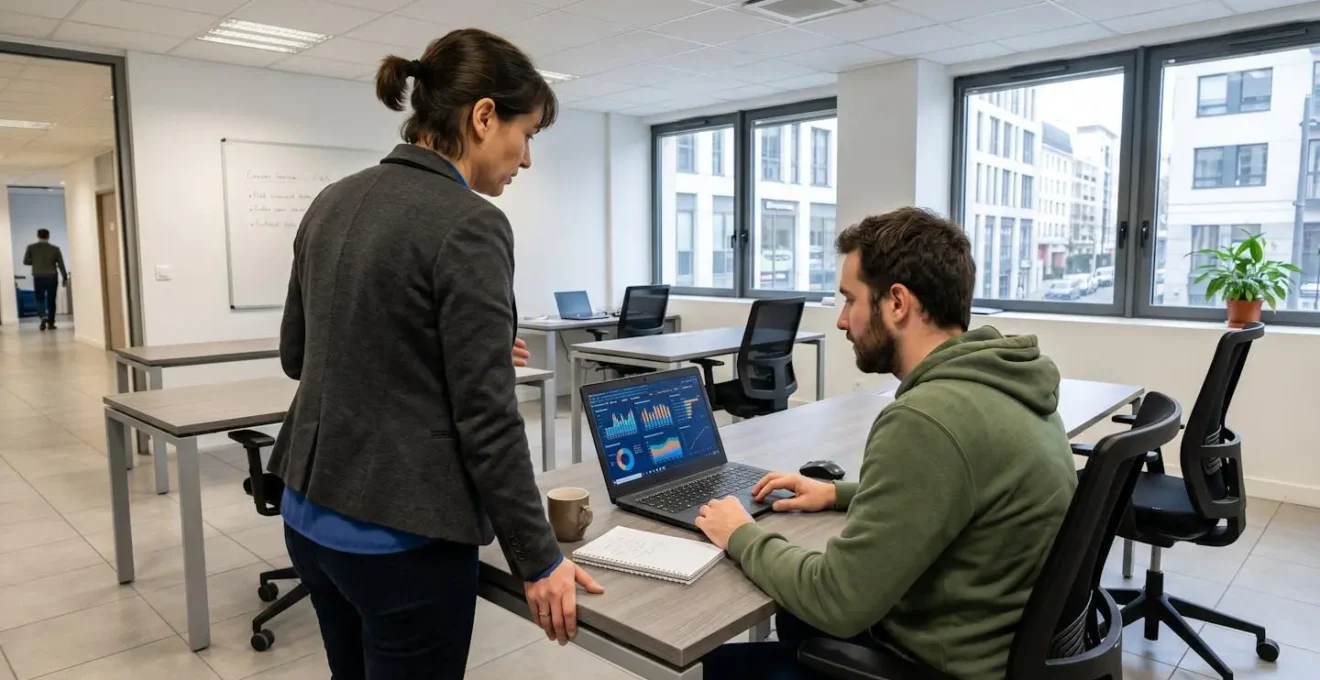 Un formateur penché vers un apprenant devant un écran d'ordinateur portable dans une salle de formation lumineuse avec de grandes fenêtres