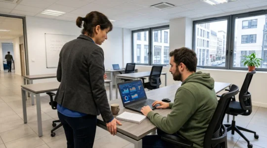 Un formateur penché vers un apprenant devant un écran d'ordinateur portable dans une salle de formation lumineuse avec de grandes fenêtres