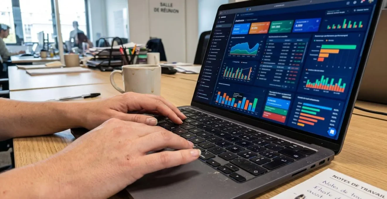 Gros plan sur une main tapant sur un clavier d'ordinateur portable moderne avec des graphiques colorés flous visibles sur l'écran en arrière-plan