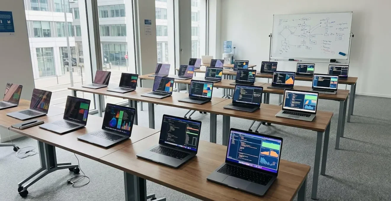 Salle de formation professionnelle moderne et lumineuse en grand angle avec des rangées d'ordinateurs portables ouverts sur des tables et de grandes fenêtres laissant entrer la lumière naturelle